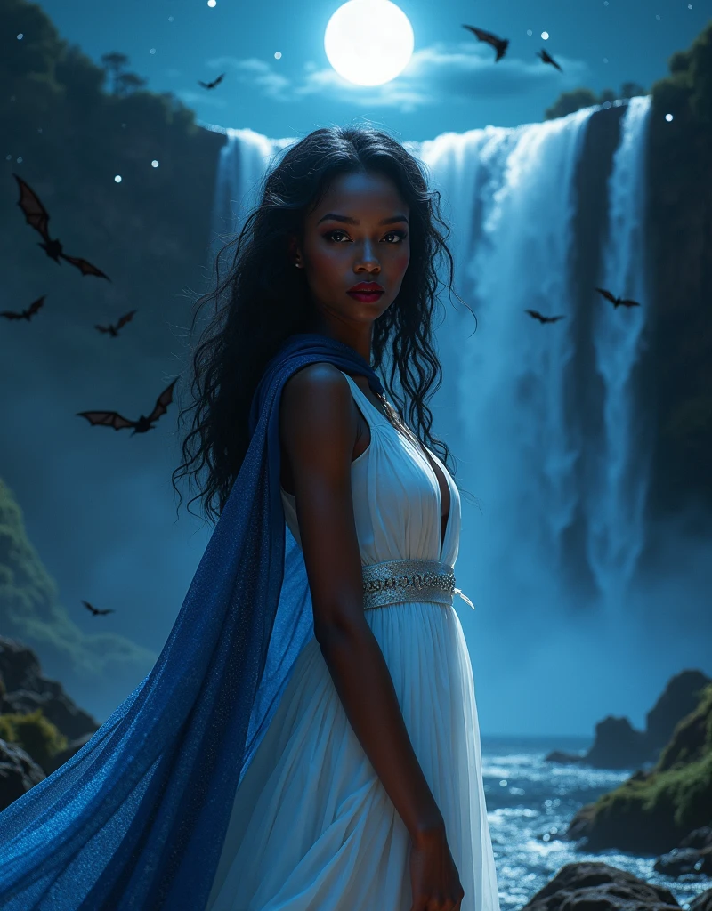 a anime portrait picture of an exquisite beautiful female African vampire standing under the starry night sky at the base of the waterfall, ultra feminine, black skin, dynamic hair color, wavy hair, dynamic eyes color, cold eyes, glowing eyes, intense eyes, dark red lips, wearing white dress, wearing blue cloak, ultra best realistic, best details, best quality, 16k, [ultra detailed], masterpiece, best quality, (extremely detailed), photorealism, depth of field, hyper realistic painting, sky full of stars background, moon, bats flying about, high details, best quality, 8k, [ultra detailed], masterpiece, best quality, (ultra detailed),