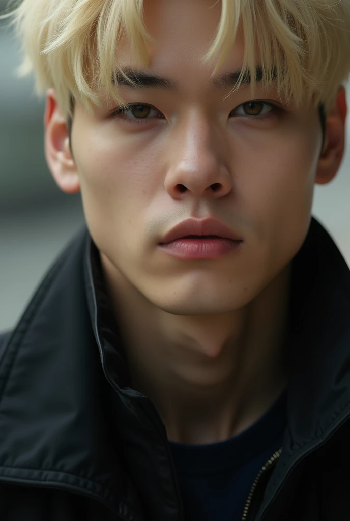 A close-up with a black jacket, BM's CARD is kpop, with serious eyes, Short blonde hair, man, eyes the color of honey.