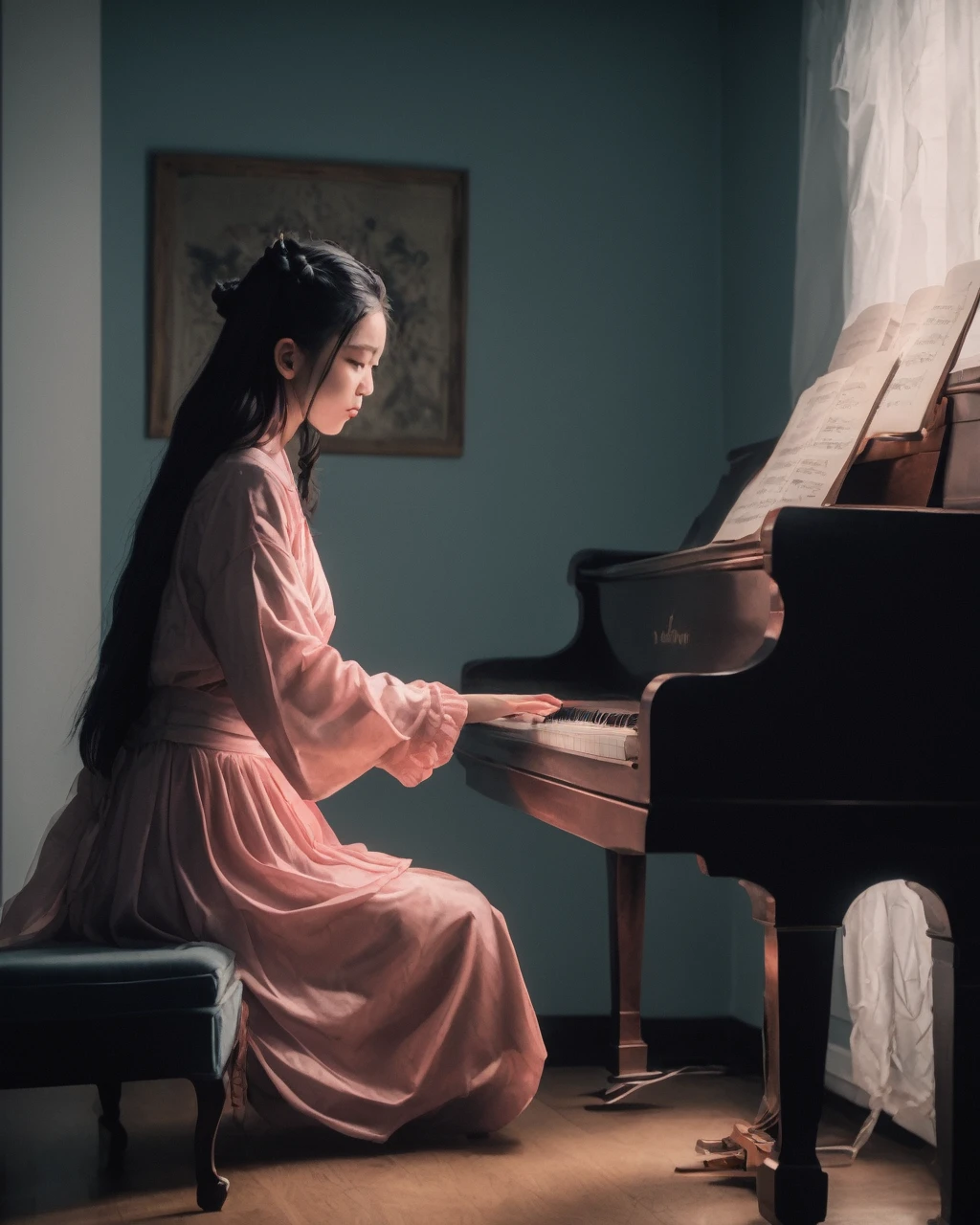 nezuko playing piano,masterpiece, best quality, Very detailed, Clear focus, Dynamic Lighting, Bright colors, Texture Details, Particle Effects, Storytelling elements, Narrative talent, 16K, HDR, Subject-background isolation,
Ultra-realistic dramatic lighting and shadows (commend, simulation),  kodak film，author：Brandon Woelfel Ryan McGinley,
A hand playing the piano, (Perfect hands:1.2),