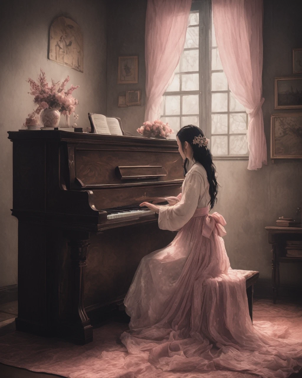 nezuko playing piano,masterpiece, best quality, Very detailed, Clear focus, Dynamic Lighting, Bright colors, Texture Details, Particle Effects, Storytelling elements, Narrative talent, 16K, HDR, Subject-background isolation,
Ultra-realistic dramatic lighting and shadows (commend, simulation),  kodak film，author：Brandon Woelfel Ryan McGinley,
A hand playing the piano, (Perfect hands:1.2),