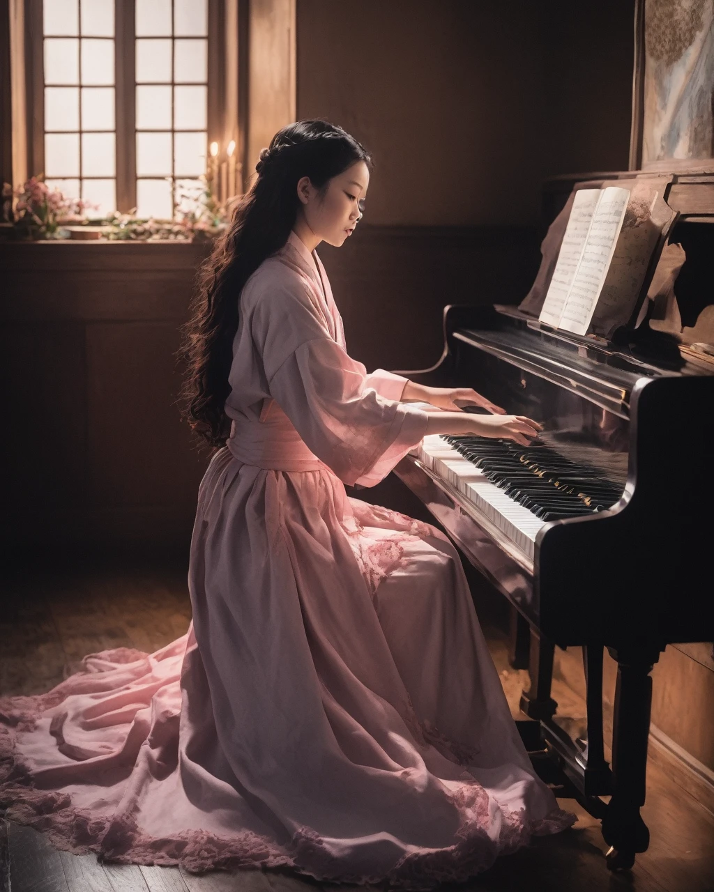 nezuko playing piano,masterpiece, best quality, Very detailed, Clear focus, Dynamic Lighting, Bright colors, Texture Details, Particle Effects, Storytelling elements, Narrative talent, 16K, HDR, Subject-background isolation,
Ultra-realistic dramatic lighting and shadows (commend, simulation),  kodak film，author：Brandon Woelfel Ryan McGinley,
A hand playing the piano, (Perfect hands:1.2),