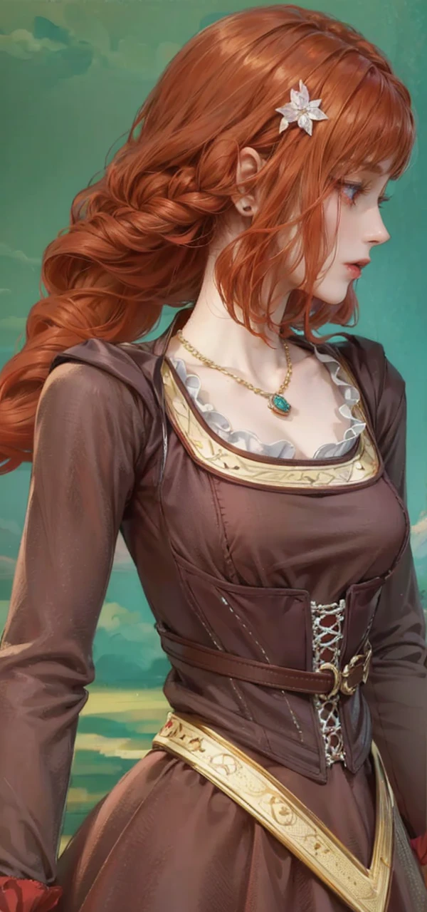 (masterpiece, top quality, best quality, official art, enchanting and aesthetic:1.2), 1female, ginger red hair, royal braided hair, violet eyes, white and red dress, red and gold jewelry, high quality details, 4k eyes, white hair, ginger red hair, long hair