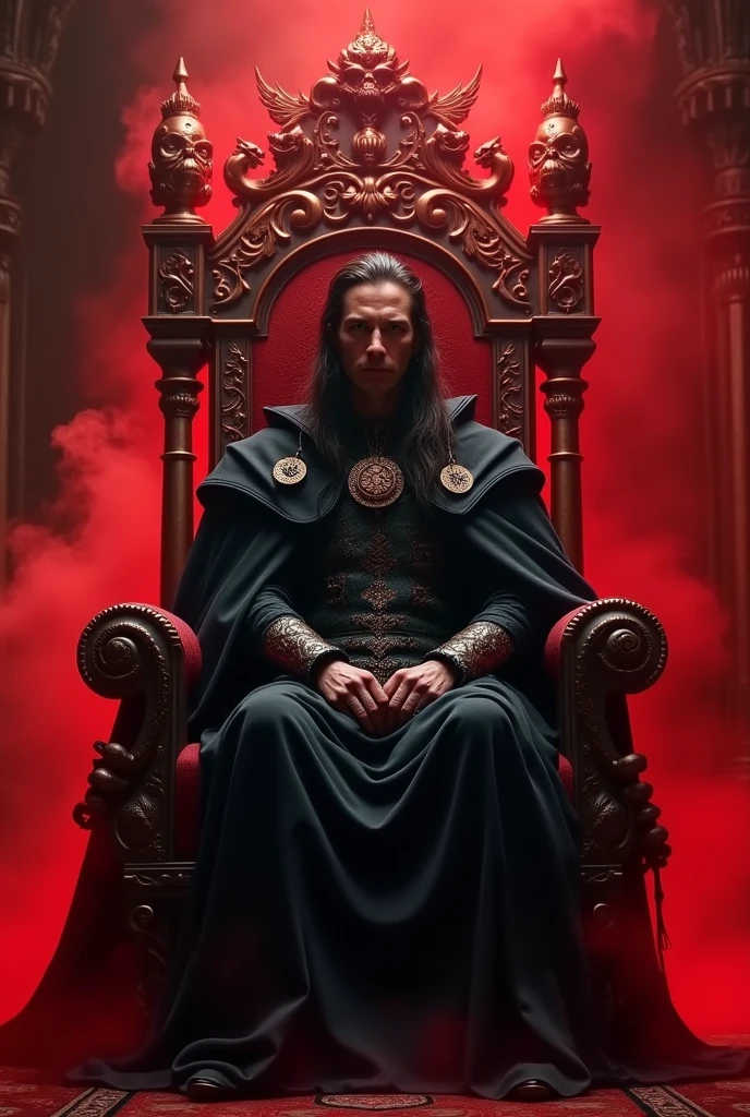 (((Vlad the tapestress))) sitting on the red dragon throne. His countenance is serious and confident. His throne is decorated with red dragons. Your face is beautiful. There is red smoke around. The style is gothic. He wears a ring with the coat of arms of the Order of the Dragon on his finger.. PICTURE REALISTIC. He is in his castle in the main hall where his throne is and around him is the (((court and its subjects.))) His courtiers are present. Its cape is long and elegant 