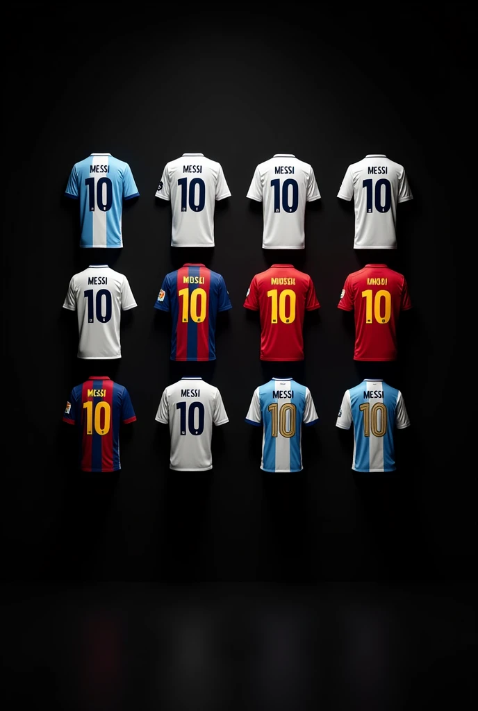 Uniforms of all Messi's teams, on the back with the number 10,
arranged in rows of three t-shirts on a black background