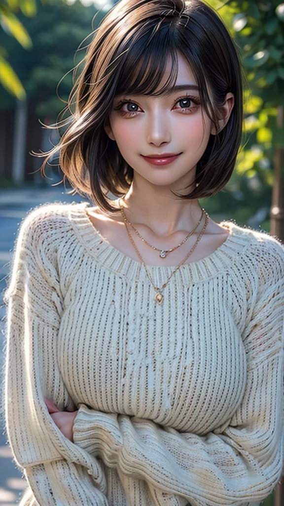 ((Beautiful Face:1.4)), (Purelos Face_v1: 1.0), (Highest quality, 8k, 32K, masterpiece, Ultra-high resolution:1.2),Beautiful Japanese Women Photos, Large Breasts, Very short bob hair,Upper Body,(Extra Large_sweater,:1.2) necklace, Simple Background, Look around,((smile))