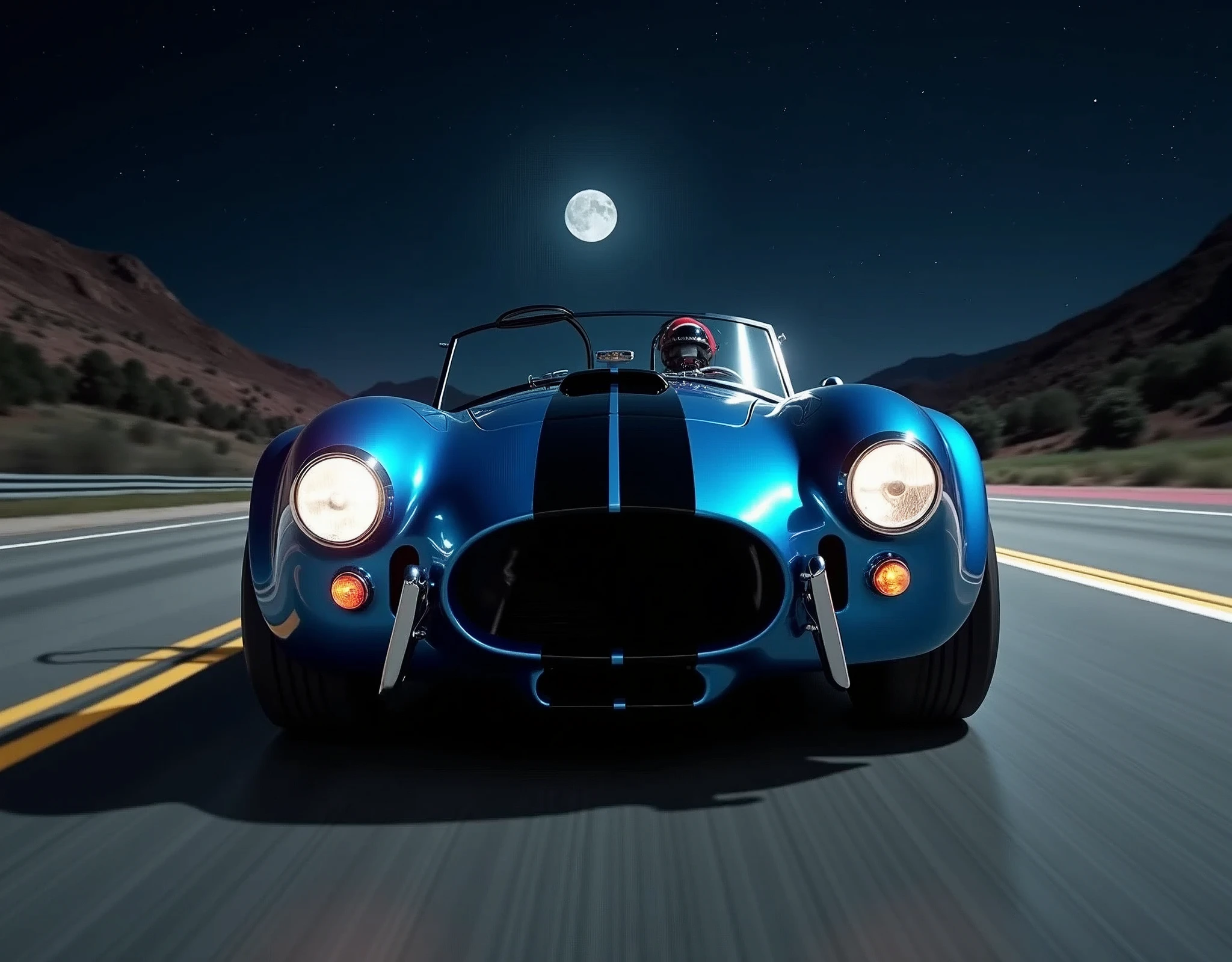A cinematic wide-angle shot captures a gleaming 1966 glossy blue with black race strip down the center of the hard top Shelby Cobra 427 Super Snake headlight beams piercing the darkness as it speeds down the road at night, stars and moon bold in the dark of night, every detail - from the gleaming wheels to the sculpted fenders - a testament to masterful realism., Hyperrealism, high detail, retina, masterpiece, accurate, anatomically correct, textured skin, super detail, high quality, award winning, highres, 4K, 8k, 16k