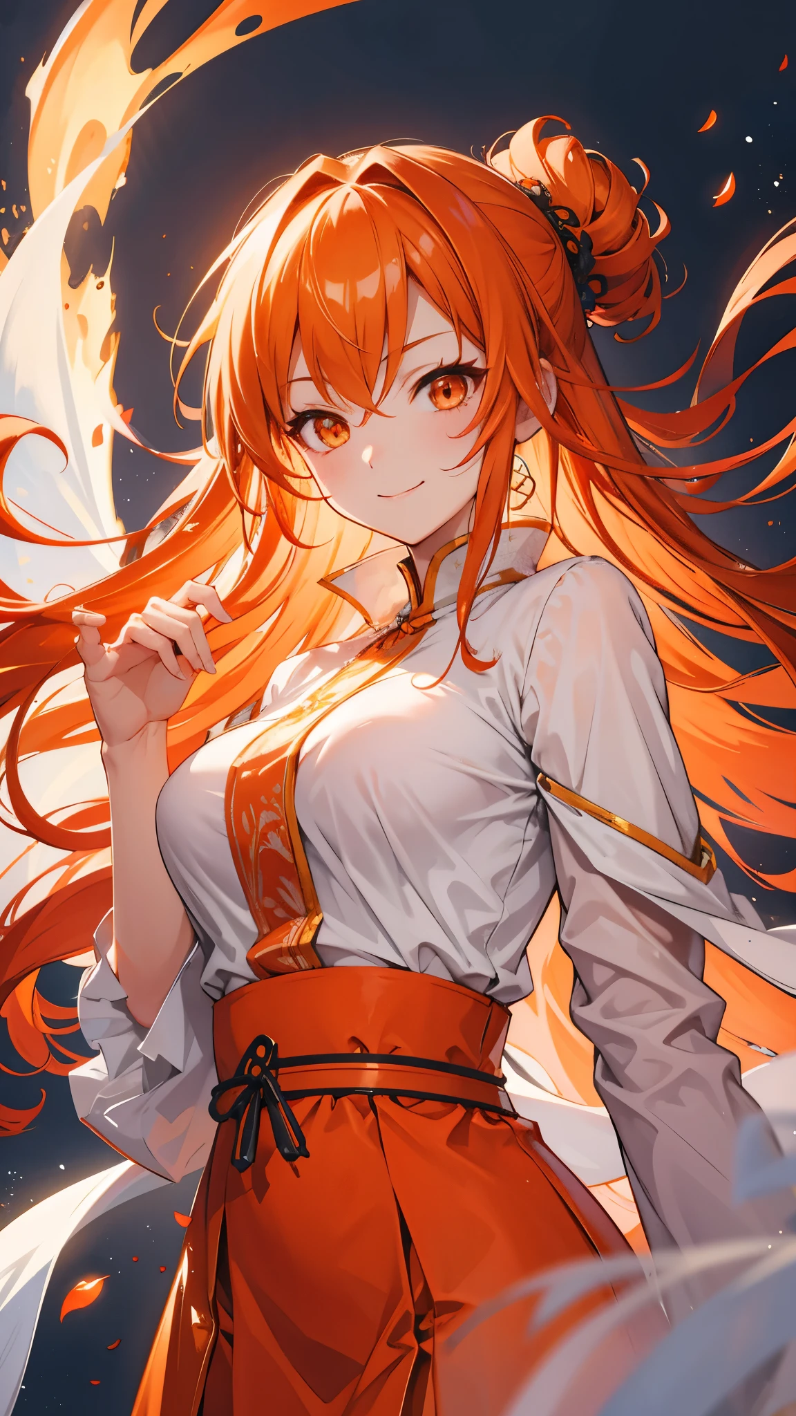 [[[ ultra-detailed, best quality, soft skin, beautiful face, masterpiece, close-up, western medieval setting, anime]]] orange hair, orange eyes, ghost, eastern clothes, smiling, ethereal, smirking, blushing, long hairstyle