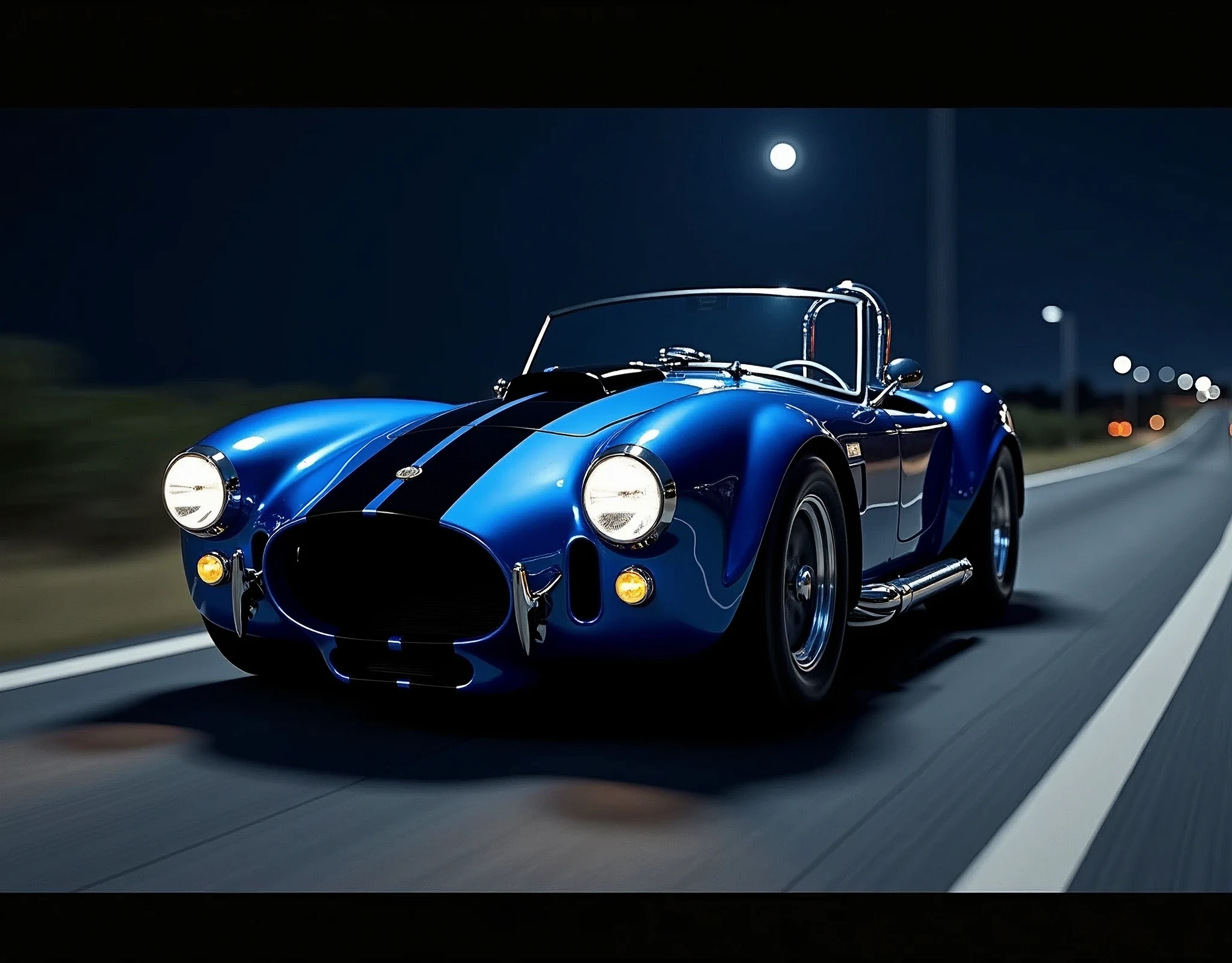 A cinematic wide-angle shot captures a gleaming 1966 glossy blue with black race strip down the center of the hard top Shelby Cobra 427 Super Snake headlight beams piercing the darkness as it speeds down the road at night, stars and moon bold in the dark of night, every detail - from the gleaming wheels to the sculpted fenders - a testament to masterful realism., Hyperrealism, high detail, retina, masterpiece, accurate, anatomically correct, textured skin, super detail, high quality, award winning, highres, 4K, 8k, 16k