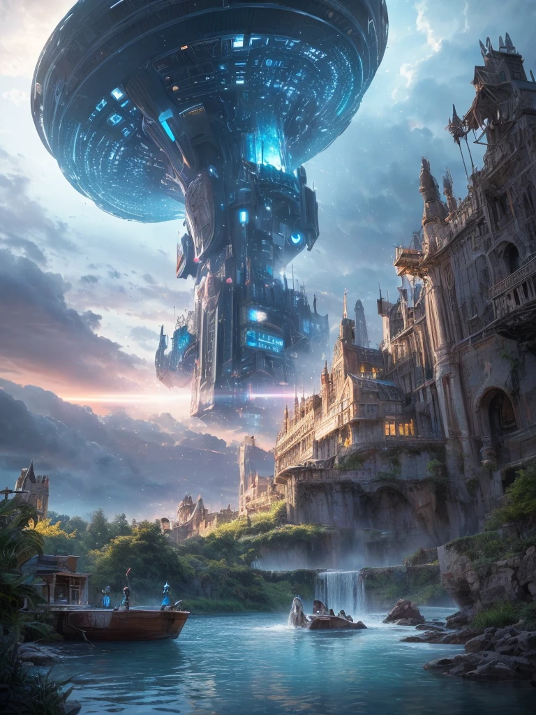 (8k, highest quality, masterpiece, final fantasy style: 1.2), (unRealistic, photoRealistic: 1.37), Dreamy landscape, Fantasy, Unsurreal landscapes, Super detailed, Flying Castle, Floating Island in the Sky, Seven-colored swirl of light, Intense lightning, milky way, Complex Light, Colored light, Large Lake, Starry sky reflected on the lake surface, Countless shining stars, Meteors, Reflections , (A pillar of light emanated from the ground:1,2), roses and orchids gardens , sunset, pink clouds, waterfalls in the sky, realistic style, Hyperrealism drawing, a flying pirate spaceship floating at the clouds level, burning skyscrapers, cyborgs, timeless realms, stunning princess , floating hair, pink lipstick, cute, naked shoulders , casting spell, healing light magic effect, in a magical lagoon of the fairyland, crystal clear water surface reflections, sharp focus, looking at viewer, (close-up:0.9), (bright white theme:1.2), (bright white tone:1.2), (deep blue tone:1.3),((( realistic, Hyperrealism, futuristic structures, alien cyborgs , science fiction themes)))