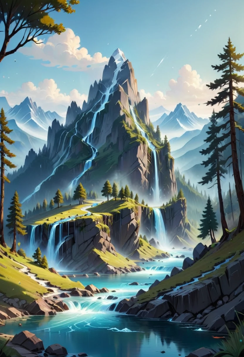 impressive painting of a mountain with trees and water, a detailed painting by Petros Afshar, shutterstock contest winner, environmental art, detailed painting, outlined art, 2d game art, isolated background for logo, strong contours, logo design