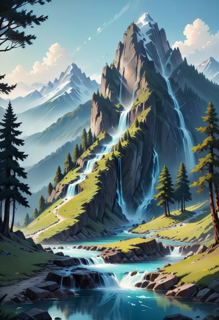 impressive painting of a mountain with trees and water, a detailed painting by Petros Afshar, shutterstock contest winner, environmental art, detailed painting, outlined art, 2d game art, isolated background for logo, strong contours, logo design
