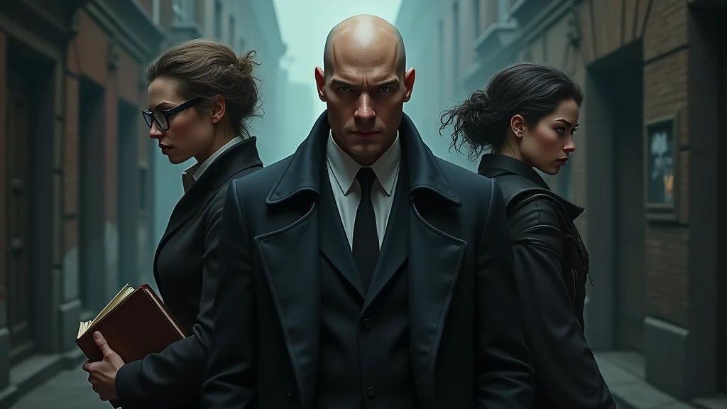 Create a hyper-realistic image featuring Andrew Tate prominently in the center. To his left, depict a figure representing 'Genius,' illustrated as a thoughtful, scholarly character with glasses, wearing a suit and holding a book. The expression on this figure's face should be one of deep contemplation. To the right of Andrew Tate, illustrate a 'Bandit' character, dressed in dark, rugged clothing, with a mischievous yet somber expression, perhaps holding a mask or some subtle reference to stealth. The background should be dramatic, perhaps a shadowy alley or an abstract blend of concepts representing intellect and cunning. The lighting should create a moody atmosphere, emphasizing the contrasting emotions of the characters—intelligence on one side, cunning on the other.
