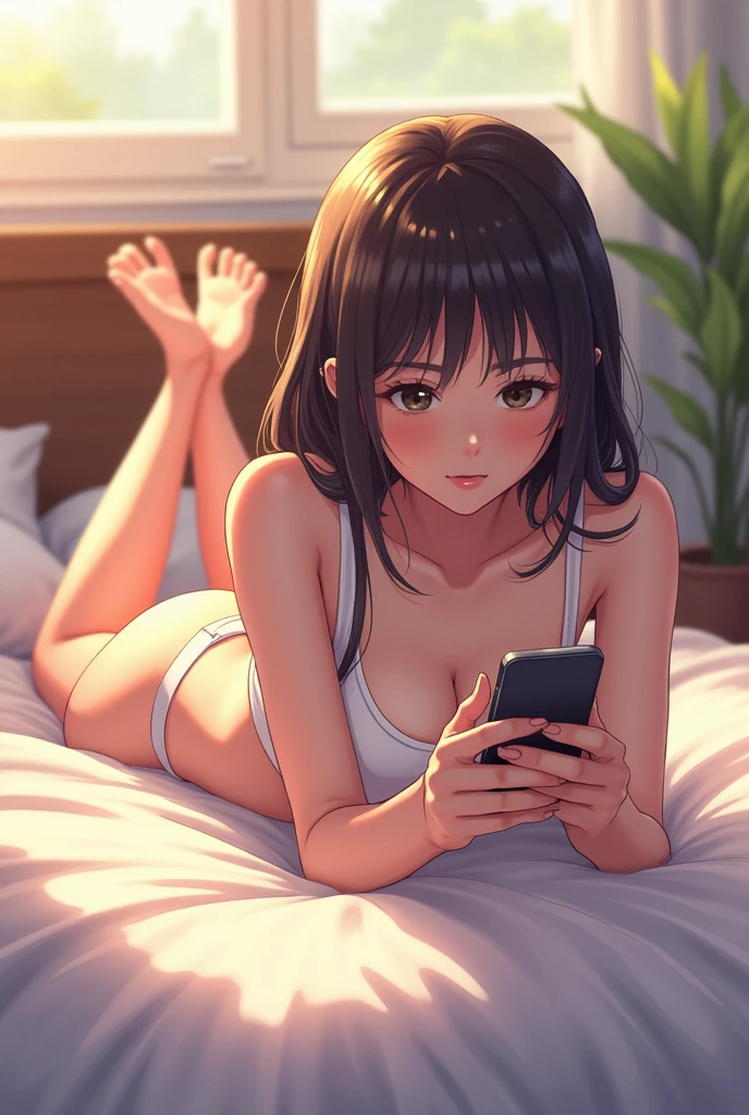 (masterpiece, best quality:1.2), perfect anime illustration of 1girl lying on bed, on stomach, watching smartphone, white panties, white crop top, bedroom, morning, sunlight, best shadows, best lighting, absurdres, trending on artstation