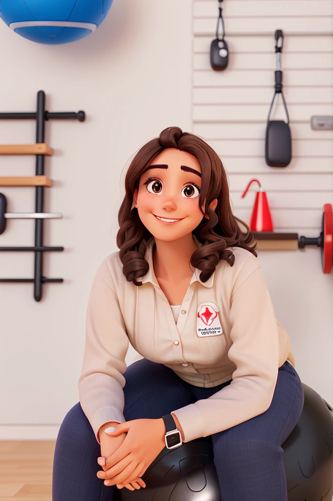 smiling entrepreneur woman, sitting on a Swiss ball, slightly wavy dark brown hair, dark brown eyes, slightly protruding nose, functional training accessories in the background