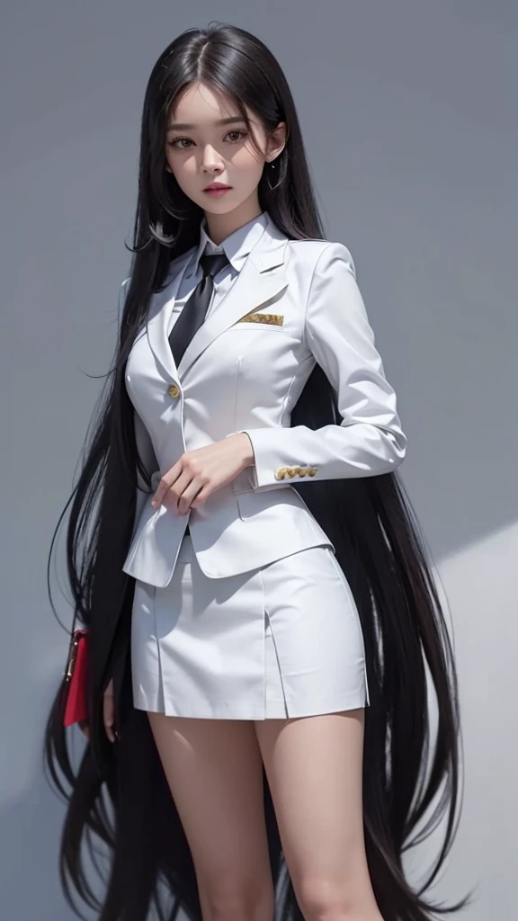 Businesswoman, womanสวย, Decorated with military insignia., Wear a suit and tie., short skirt, businessuitwhite, กระโปรงดินสอสั้นwhite, ((short skirt:1.3)), businessuitรัดรูป, All white outfit, Emphasize the curves of the body, (สาวสวยMy hair is two meters long., my hair is very long., extra long hair, long black hair), businessuit, (suitสไตล์อิตาลี, suitสองปุ่ม), (italian dress, white suit, Set of two buttons), (wear woman&#39;your clothes&#39;suit, woman&#39;s business suit, white), (suitwomanwhite), (เสื้อเชิ้ตwhite), necktie, (necktieสั้นสีดำ, necktieสีดำ, necktieผอม, ถักnecktie), (military rank insignia), (Short pencil skirtwhite), (Dynamic posts), full body, (A gigantic rift), (big breasts, Thin body, small waist, hips raised, small thighs, Long legs), high-heelsสีดำ, (Short pencil skirt, white), Wearing a suit for a Businesswoman, (Wearing a white businessuit, businessuitหญิงwhite), (tight, military regalia, เสื้อwhite, กระโปรงwhite), Long legs, (black shoes), (Two gold suit buttons, My hair is two meters long., suitเข้ารูป, เสื้อsuitwhiteทรงธรรมดารัดรูป), (black shoes, high-heels), (stand, walk, A luxurious gesture, Dynamic posts), big breasts, short dress, earring, garden, modeling, ภาพfull body, เหมือนfull body