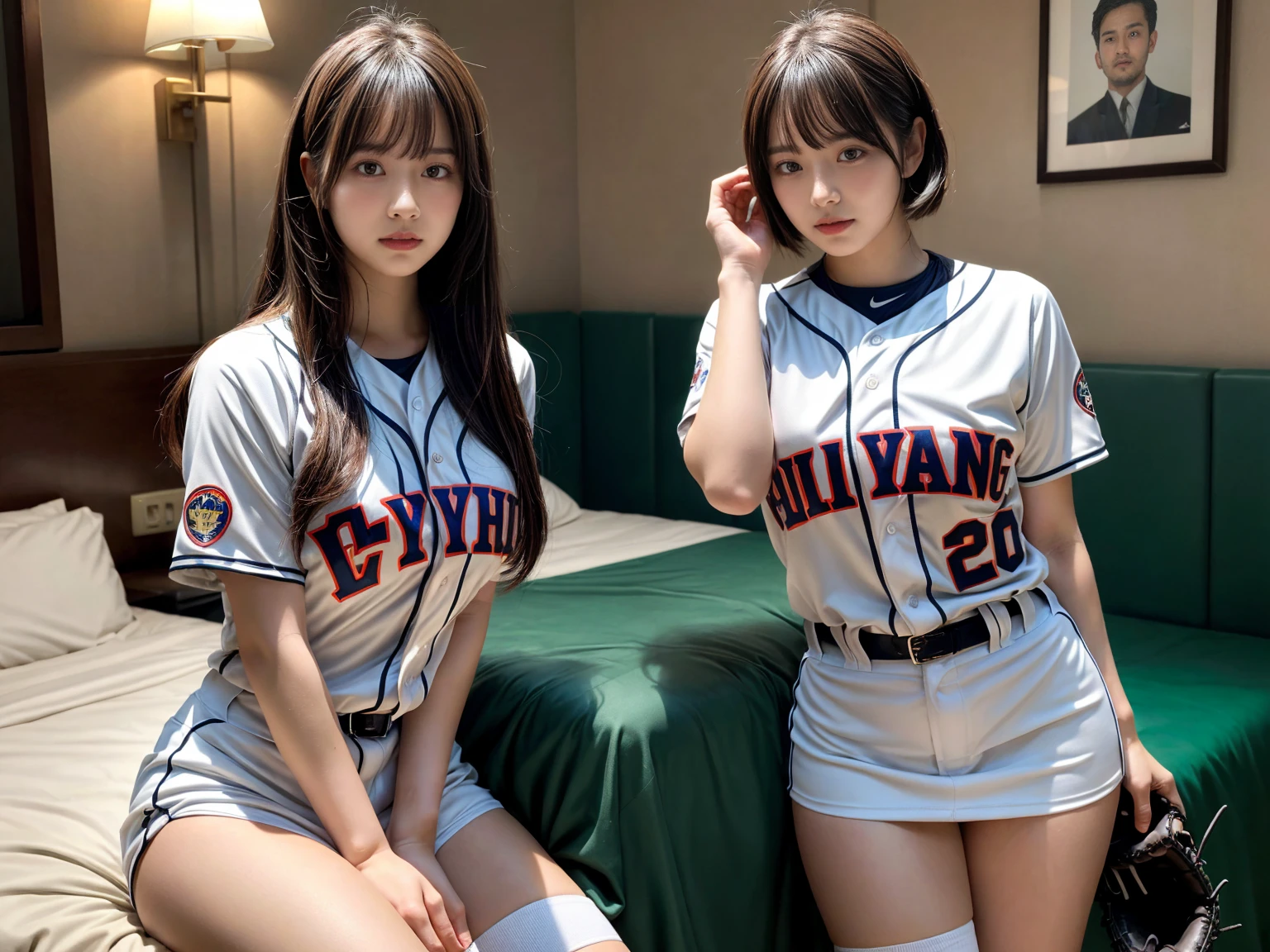 masterpiece, best quality, illustration, Super detailed, fine details, High resolution, 8K,wall paper, perfect dynamic composition,(Details High quality, realistic depiction of eyes:1.3), (2 girls), ((Baseball Uniforms), a miniskirt, Toned buttocks), sitting, open legs, short bob hair, in a hotel room in the background, deep on field, large breasts, black hair color, Big Natural Color Lip, (perfect body shape), crying a little、Harajuku style、20 year old girl、cute type、beautiful legs, Gravure Idol