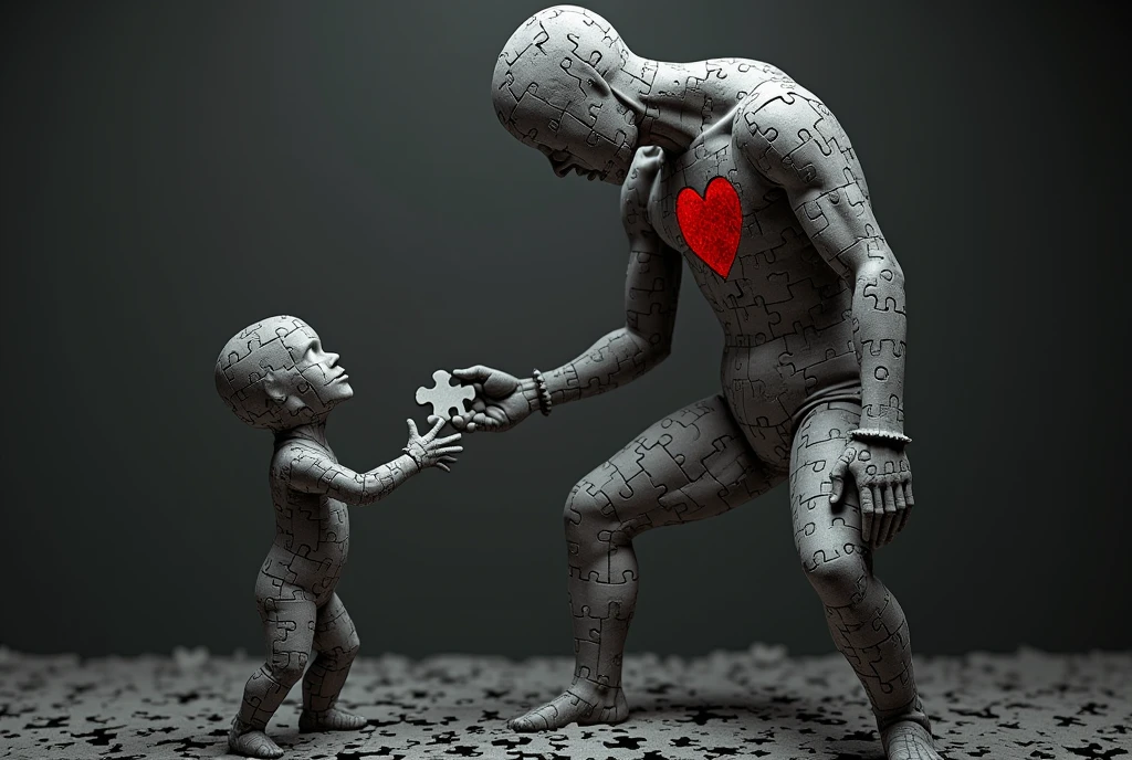 Create an image with a more dynamic background featuring a sculpture-like figure composed of intricate puzzle pieces, with one piece missing from the chest area revealing a red heart underneath. Another smaller figure, also made of intricate puzzle pieces, is handing the missing piece to the larger figure. Both figures have their faces obscured for anonymity. Add some soft lighting to highlight the figures. Use black light for the image.
