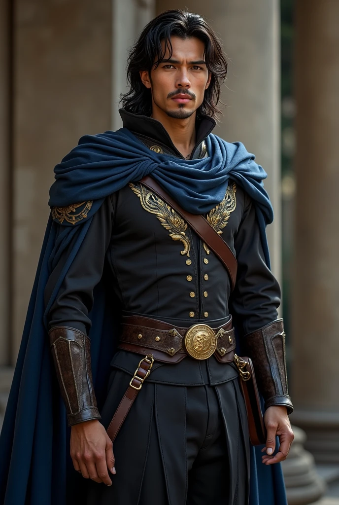 A man of enviable beauty and pure masculinity, with skin tanned from hours of training as a warrior and prince of the royal guard of a kingdom called Althea. Amber-eyed and striking, delicate features, but at the same time strong, strong and also slender body, big clean hands. Black clothes with blue traces of his royalty, a Casa Hawthorne.