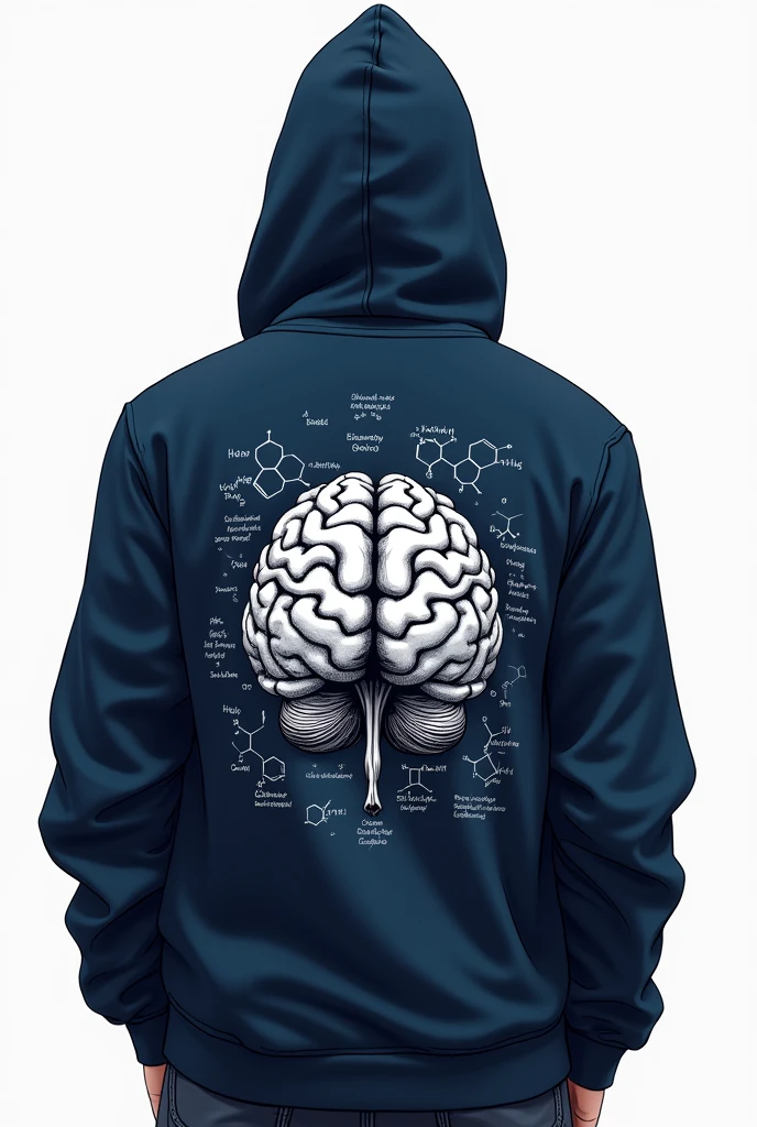 Create an image of a navy blue hoodie with no closure where on the back you can see a very detailed drawing of a brain and around it images related to chemistry, Below is the name of the chemicals, that the drawing is not colored, only the outer lines are visible. The front of the sweatshirt should not have anything and the back is where the organ will be worn. It should be a simple style but with a lot of detail.