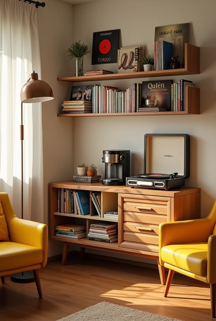 Create a realistic image of a corner in an apartment with a simple sideboard with a coffee maker, a coffee capsule holder, a French coffee press and a brown suitcase-shaped record player, it's open with a record playing. On top there are thin shelves with front discs, there are two shelves one on top of the other, each shelf has 3 discs next to each other, disco do Queen, do Linkim Park, Foi Fighters , gilberto gil, U2 and Elis Regina. Also on the sideboard, Na parte de baixo, has niches with books. In front of the sideboard there are two yellow armchairs and a floor lamp..
