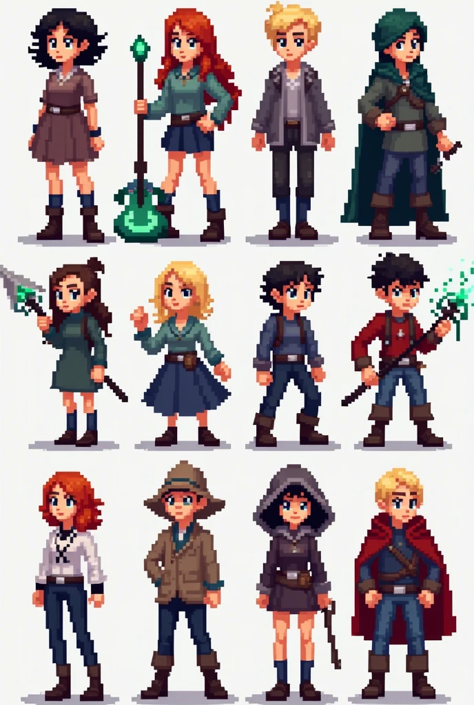 Eight pixelated magic game characters containing 4 male and 4 female characters. The characters are from a 2D game. The characters must look like teenagers and each character must carry a type of weapon.