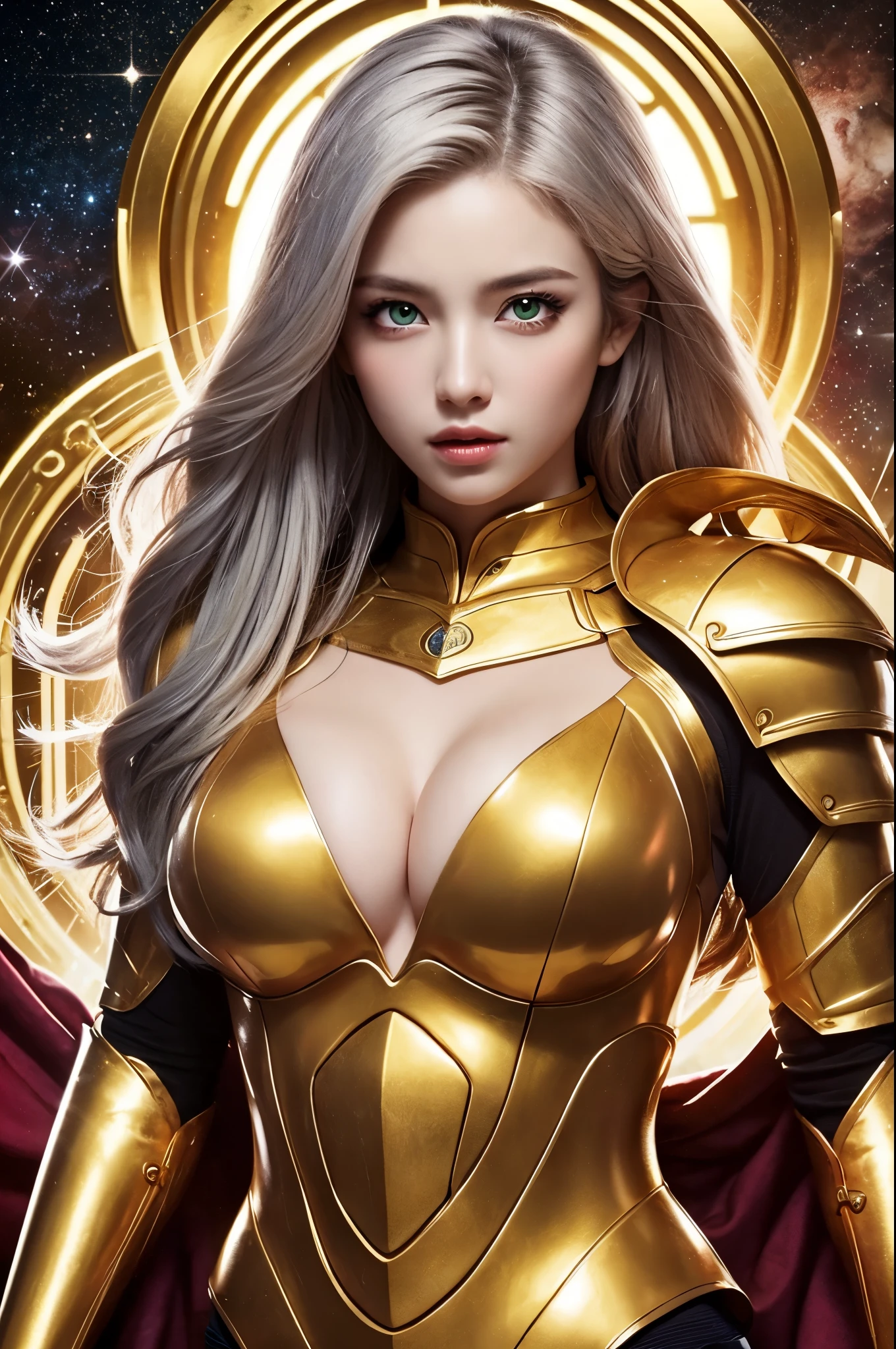 Ultra HD、Ultra-clear、Beautiful Face、Unicorn Warrior、Covered entirely in golden armor、Holy knight in golden armor、Golden armor with ornate carvings covering the entire body、Heavy golden armor、crystal clear green eyes、Silver Hair、Big Tits、Outer space background、