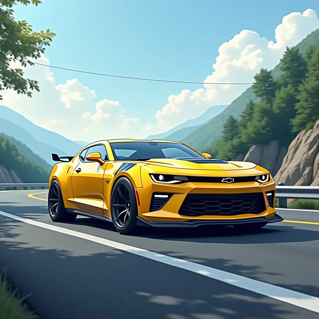 A the Camaro Chevrolet auto Camaro at the start of a mountain road in Japan, ready for the Toge with its details subtly changing to look more like a 2020 model Animation Yellow color 