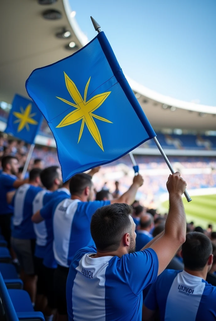 Make me a picture with fans in a blue and white combination cheering at a stadium and they are waving a flag with the inscription Vojvodi Tetovo and another flag from the Republic of North Macedonia