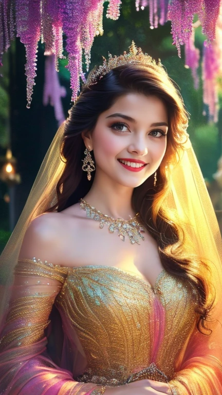 (a beautiful woman in a stunning gown of flowing silk with a radiant smile and captivating eyes),vibrant colors,highres,ultra-detailed,sharp focus,soft lighting,realistic,fantasy-inspired,portraits,subtle color palette,ethereal glow,fairytale,graceful,pastel shades,enchanted garden,lovely flowers,twinkling lights,whimsical ambiance