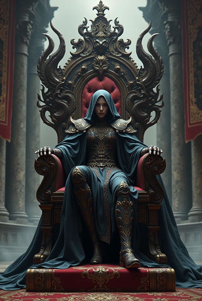Medieval Surrealist in Armor Very detailed Ultra Fantasy Ultimate Details Ultra-high resolution 8K 32k 3D Clear Eyes Silver Hair Holding a strangely designed skull in his left hand Assassin A giant snake coils around your arm A hawk rides on a skull mechanical engineering Mechanic Art . intricate and elaborate design, money, gold Silver Silver Red Black-purple Dynamic pose Robotics Cinema Lighting Demonic Spell Aura Sit on a chair Magic circle design A large, luxurious amulet made of gold Vivid Color Halberd in right hand Girl Place a pentagram crystal on your lap Gorgeous and cool tiara Satanism Shooting from an angle