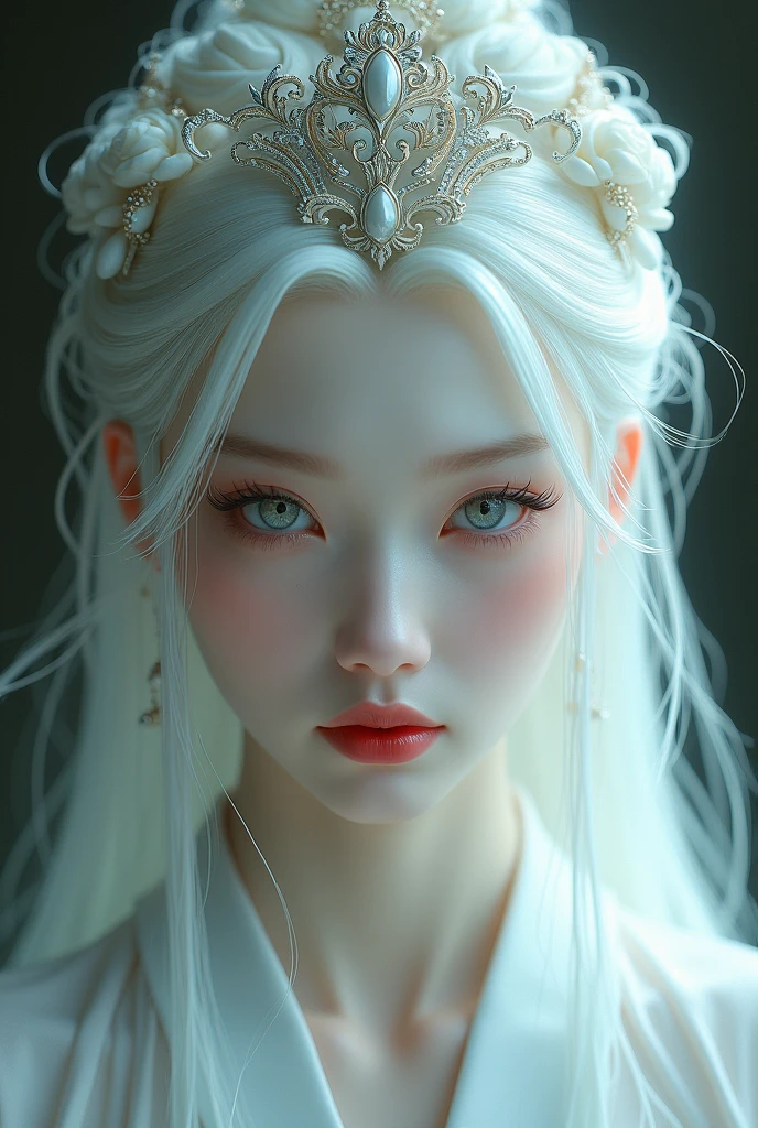 SHE IS A WOMAN, had white eyes and hair,  long white eyelashes and white eyebrows, little red lips, white complexion without any blemish, exquisite faces, but devoid of emotions, with princess adornment on her head and dressed in ancient anime china
