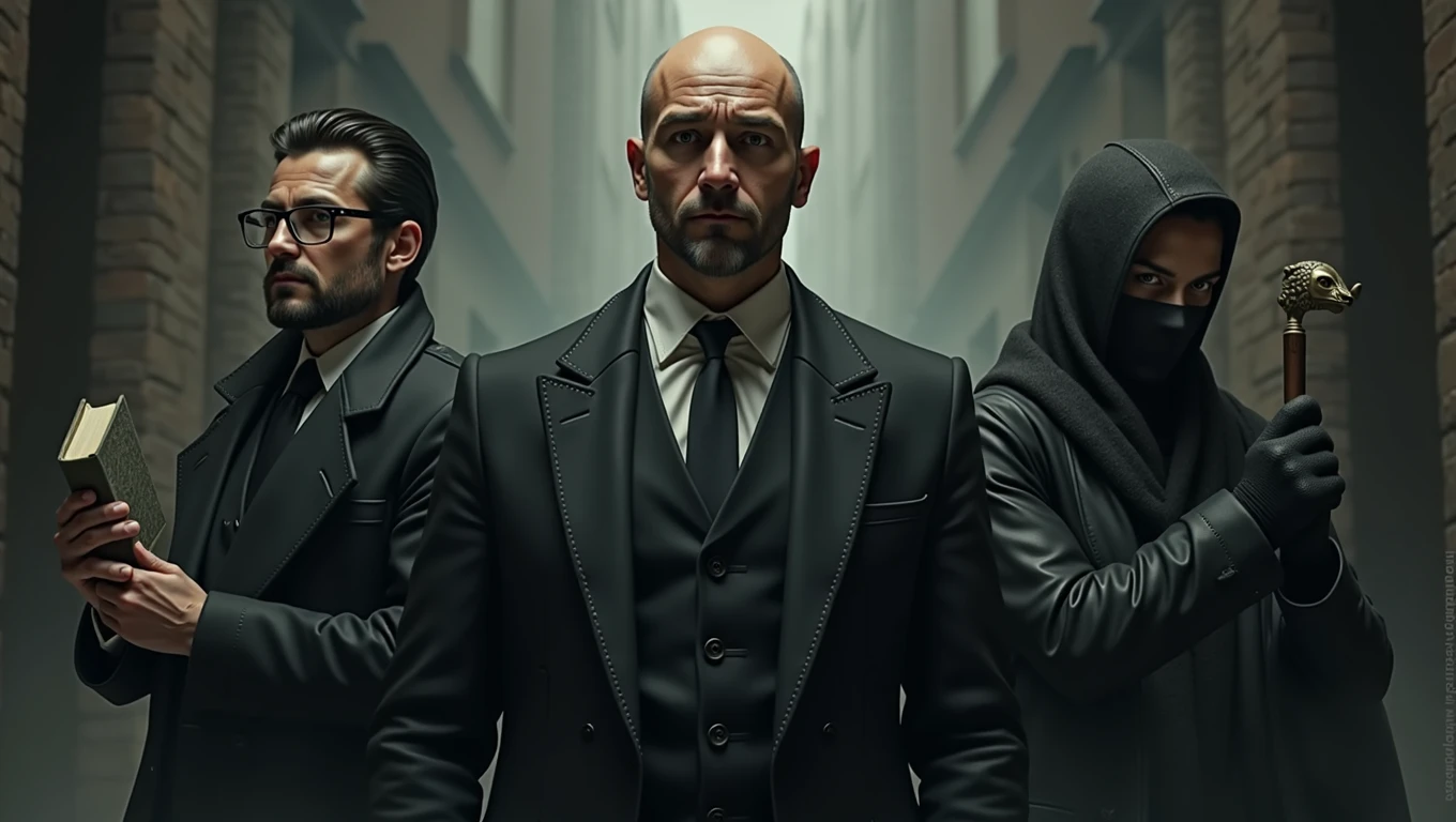 Create a hyper-realistic image featuring Andrew Tate prominently in the center. To his left, depict a figure representing 'Genius,' illustrated as a thoughtful, scholarly character with glasses, wearing a suit and holding a book. The expression on this figure's face should be one of deep contemplation. To the right of Andrew Tate, illustrate a 'Bandit' character, dressed in dark, rugged clothing, with a mischievous yet somber expression, perhaps holding a mask or some subtle reference to stealth. The background should be dramatic, perhaps a shadowy alley or an abstract blend of concepts representing intellect and cunning. The lighting should create a moody atmosphere, emphasizing the contrasting emotions of the characters—intelligence on one side, cunning on the other.
