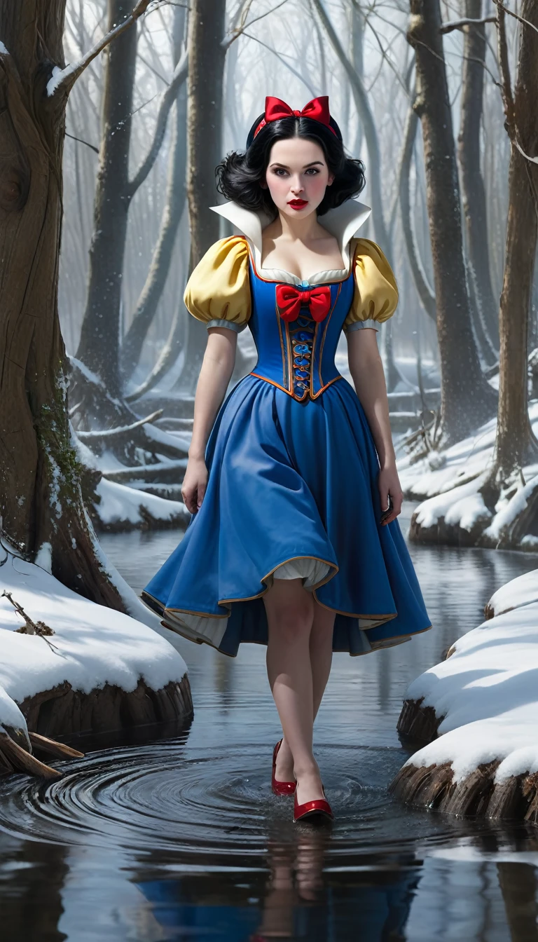 Steampunk Snow white , blending in a lake  in a wood, anatomy, centered, approaching perfection, dynamic, highly detailed,  artstation, concept art, smooth, sharp focus, illustration, n, unique, award winning, masterpiece, looking at viewe-- ar 9:16 , -- Chaos 100 