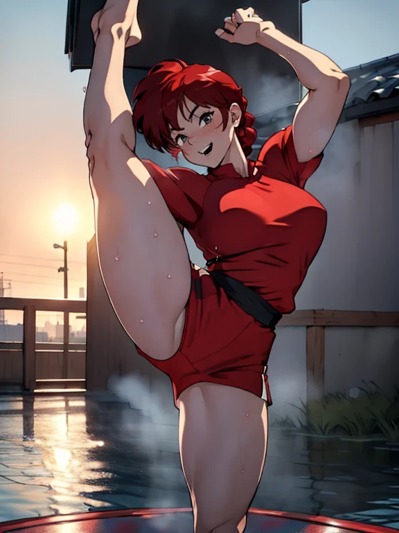 masterpiece, ultra quality, Beautiful detailed, extremely detailed,16K, exquisite, absurdity, highres, Beautiful background, Beautiful eye, Beautiful skin, anime style, 1girl, solo, looking at the viewer, upper body focusmedium breasts, perfect ass, red_hair, single braids BREAK Ranma red_shirt, ranma red shorts, standing split pose, , Black_kung fu_shoes BREAK Cameltoe, slim muscular, cheeky smile, open your mouth wide, Cheeky daughter, A dynamic pose, (Kick with one leg raised ), (i-shaped balance:1.1), detailed hands, perfect anatomy, (sweat droplets:1.5), outdoor, loose, Togenkyo,