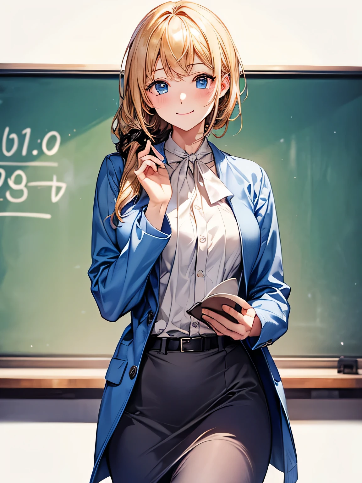 High resolution、High resolution、high quality、masterpiece、1 female、School teacher、blonde、blue eyes、light blue skirt suit、School classroom、Cute pose、blackboard、smile、((Cowboy Shot))、((Close-up of a woman))