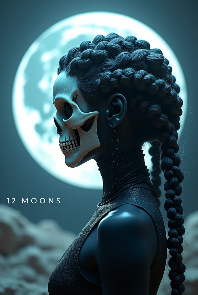 Design me a moon that says 12 MOONS in handwriting next to a character with a skull mask with 3D braids