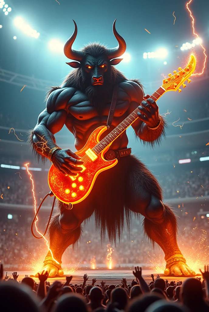 A minotaur that plays electric guitar that has lightning in a stadium
