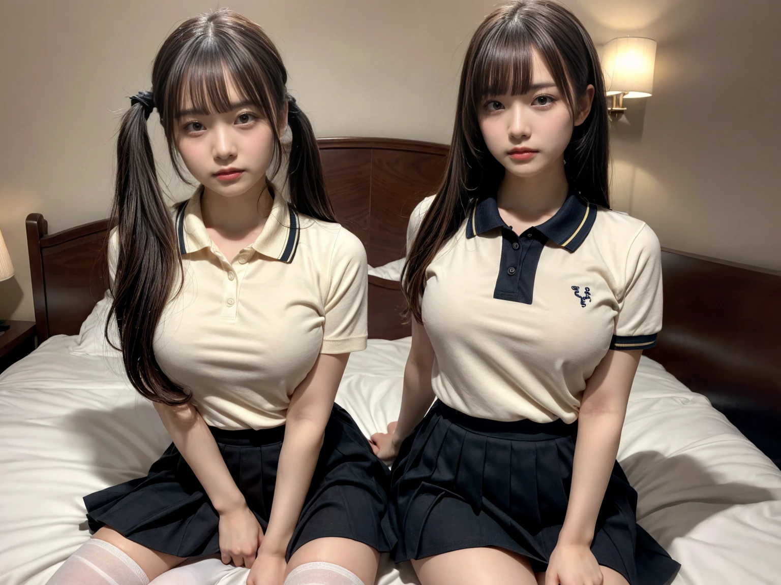 masterpiece, best quality, illustration, Super detailed, fine details, High resolution, 8K,wall paper, perfect dynamic composition,(Details High quality, realistic depiction of eyes:1.3), (2 girls), (collared polo shirt), pleated skirt, knee high socks, twin tails, in a hotel room in the background, deep on field, large breasts, black hair color, Big Natural Color Lip, (perfect body shape), crying a little、Harajuku style、20 year old girl、cute type、beautiful legs, Gravure Idol