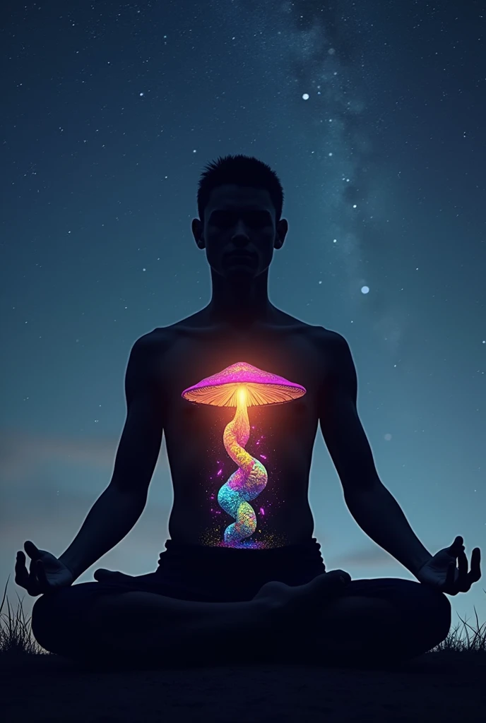 I would like the silhouette of a person in a state of meditation. A subtle light comes out of his chest, drawing the shape of the kundalini energy. The background of the image should be very calm, a starry night. In the corner of the image, two beautiful mushrooms intertwined. These mushrooms have many colors, evoking a psychedelic trip.