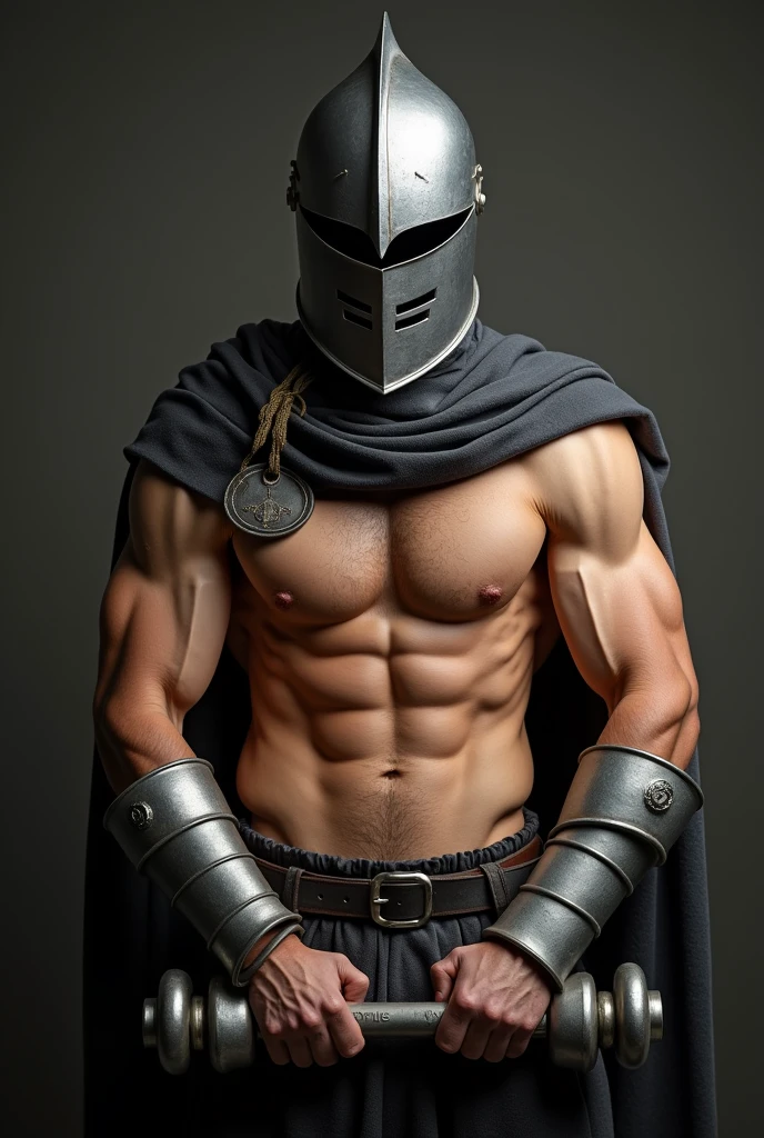 (photorealism:1.2), male, knight's helmet,naked torso,muscle flex,dumbbell in hands