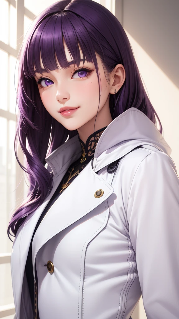 (masterpiece, best quality), intricate details, thin, ((slim)), beautiful girl, purple hair, blunt bangs, light purple eyes, sharp jawline, white coat, long hair, lips, upper body, close up, smirk