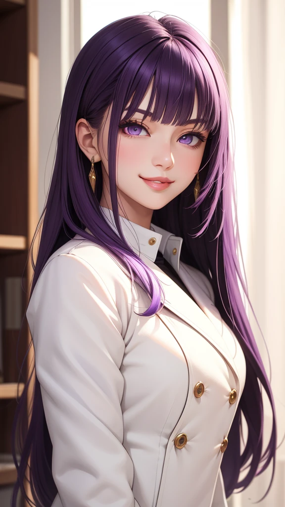 (masterpiece, best quality), intricate details, thin, ((slim)), beautiful girl, purple hair, blunt bangs, light purple eyes, sharp jawline, white coat, long hair, lips, upper body, close up, smirk