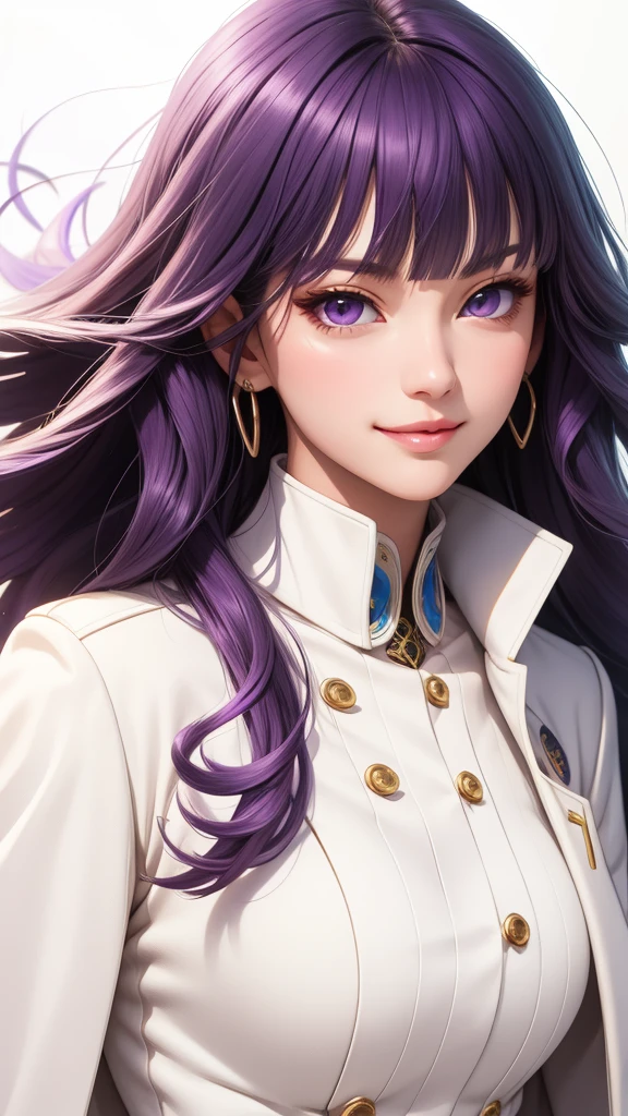 (masterpiece, best quality), intricate details, thin, ((slim)), beautiful girl, purple hair, blunt bangs, light purple eyes, sharp jawline, white coat, long hair, lips, upper body, close up, smirk