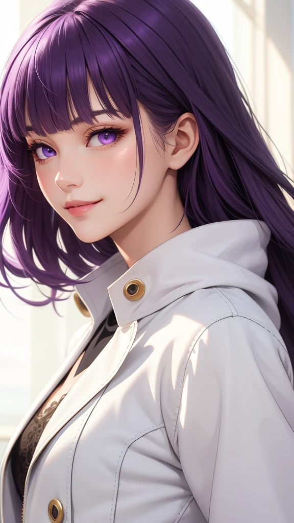 (masterpiece, best quality), intricate details, thin, ((slim)), beautiful girl, purple hair, blunt bangs, light purple eyes, sharp jawline, white coat, long hair, lips, upper body, close up, smirk