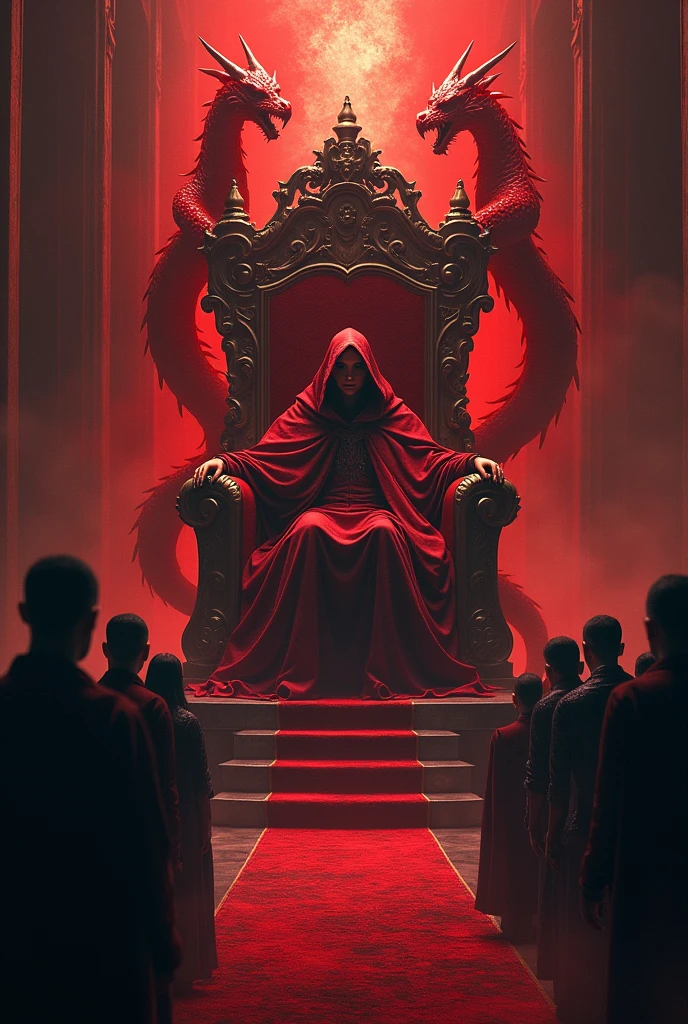 (((Vlad the tapestress))) sitting on the throne decorated by red dragons. There is red smoke and his subjects and courtiers around him. 