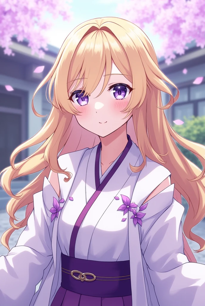One of the places in Kimetsu no Yaiba, Woman, lowrise, long hair blonde global, separated in half. Vibrant lilac eyes with a hint of purple. Her outfit is normal hunter's outfit, but your undertone is purple too. Her haori is white and the tips are lilac, with some purple leaves on it, she's a ager, make a face similar to Mitsuri's, and she doesn't have bangs, seu cabelo é separated in half