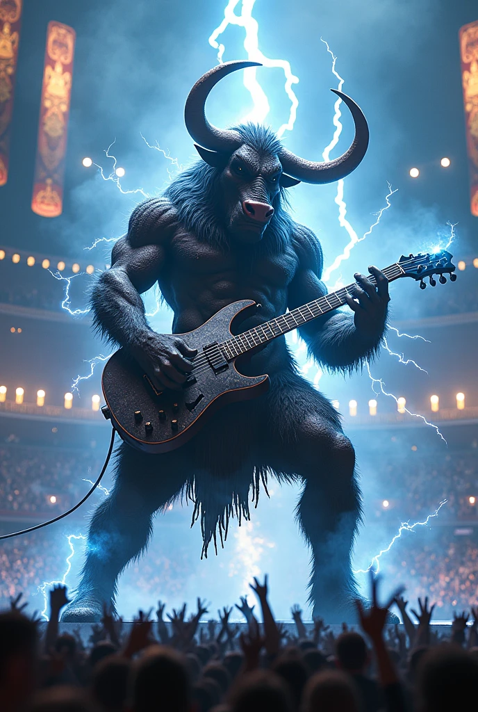 A minotaur that plays electric guitar that has lightning in a stadium