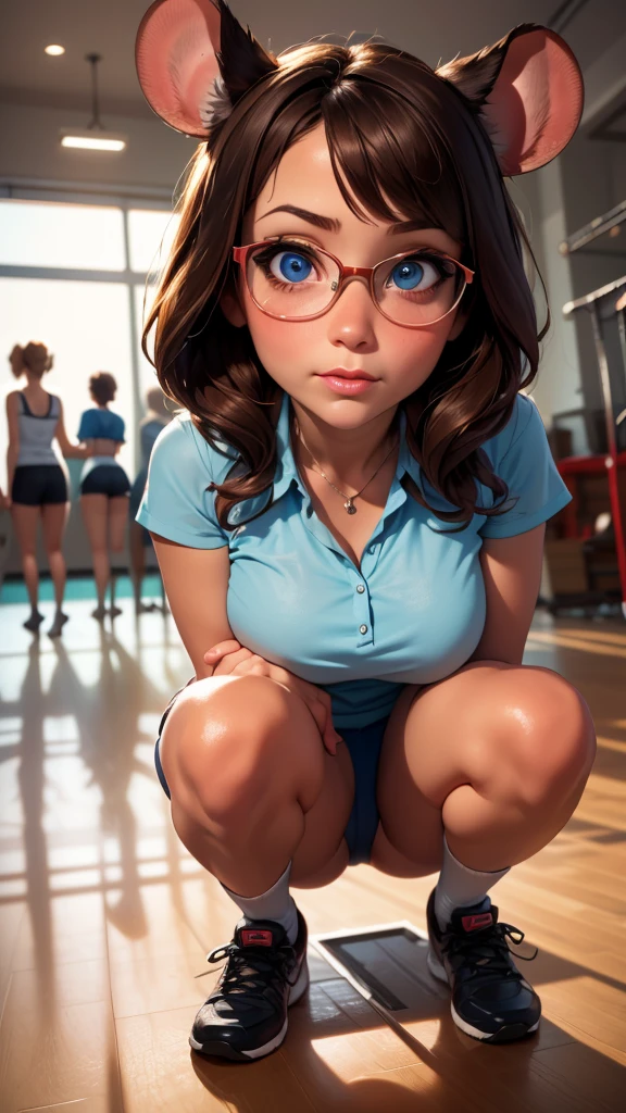 ((best quality)), ((highly detailed)), absurdres, detailed face, beautiful face, (detailed eyes, deep eyes), (1girl), (glasses), top view, looking at viewer, looking up, dynamic pose, full body, (((very wide shot))), (mouse girl), brown hair, light blue eyes, mouse ears, (mouse tail), (indoors, in a gymnasium, (((multiple girls))), (3girls)), (((squatting))),