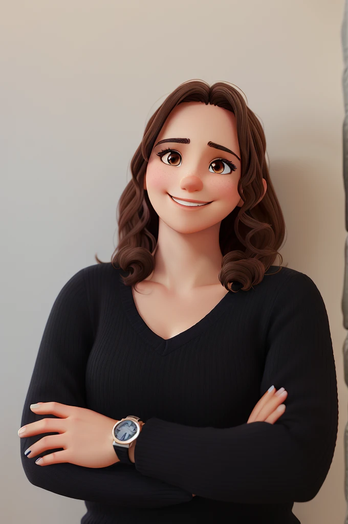 entrepreneurial woman smiling, arms crossed, wearing a watch, slightly wavy dark brown hair, dark brown eyes, slightly protruding nose, light wall in the background