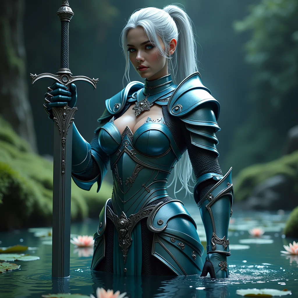 (Highest quality, Very detailed, (Ultra-high resolution,8k), ultra-detailed 4K, (Complete Hell Effect Anatomy, Anatomically correct), (Women with big breasts have a sexy appeal), ((Holy Knight in the Shallow Water)), ((Beautiful monster armor covering the whole body, Fully equipped)), (Sharp Eyes), ((The whole human body)), silver hair, (ponytail), (Dynamic configuration), High-quality facial beauty, (Beautiful blue eyes like sapphires), (Open your mouth), Wet body, Glowing Skin, (Fine skin,hair ), By the pond, Water Lily, Moss, Crystal clear and clean water, (((Midnight, dark))), (Determined Pose:1.3), Thrusting the sword into shallow water, (Holds a beautiful sword down to the last detail)